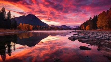 Landscape Photo: Stunning Autumn Reflections in Altai Mountains, with Pink Sky and Reflective Mirror-Like Lake amidst Serene Nature - obrazy, fototapety, plakaty