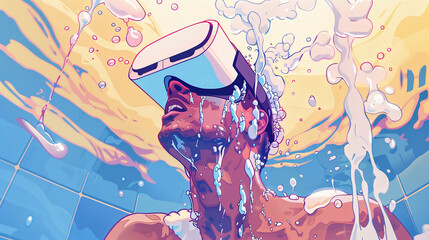 A surreal illustration featuring a man wearing virtual reality glasses while taking a shower 