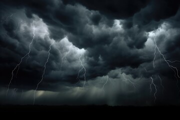 Moody Black Sky Background with Dark Storm Clouds: Dramatic Thunderclouds, Rain, and Windstorm Disasters in Cloudscape at Dusk