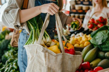 Sustainable Shopping with Reusable Bags at a Farmers Market. Generative ai