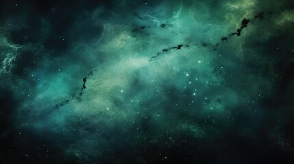 Shiny Glitter Mist on Fantasy Night Sky. Blue Green Steam Clouds Blend with Haze Texture on Dark Abstract Art Background