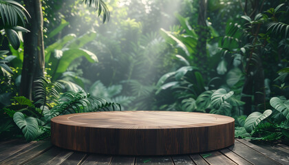 Wooden podium within an enchanting forest