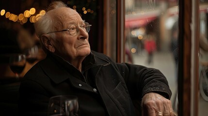 Obraz premium Senior gentleman reflecting in a restaurant with warm lighting.