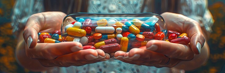 a woman holding many different types of pills, in the style of colorful still-lifes, transportcore, metallic rotation. Generative AI - obrazy, fototapety, plakaty