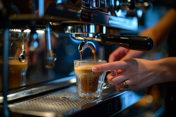 Fototapeta na wymiar a close-up of barista hands preparing coffee in the coffee machine