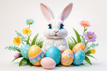 Colorful flat illustration featuring an Easter bunny and vibrant ornameted eggs in spring colors with flowers at white background.