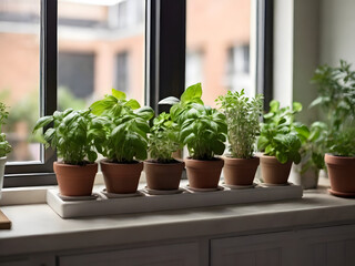  A windowsill filled with potted basil, mint, and rosemary plants