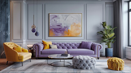 Luxury living room with pale violet couch. Quiet luxury concept.
