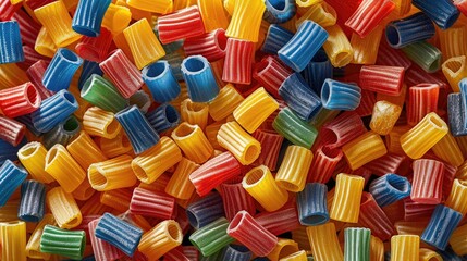 Fototapeta na wymiar Macro shot of colorful rigatoni pasta creating a vibrant texture.