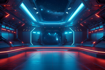 red neon-lit spaceship corridor with star view