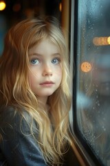 Dreamy girl looking out a rain-spattered bus window.