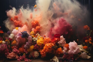 Collection of flowers surrounded by billowing smoke