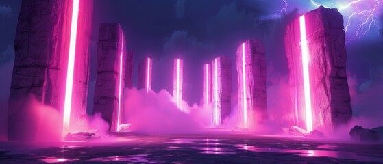 Neon-lit Stonehenge during a futuristic pagan ritual, blending ancient mysteries with modern culture