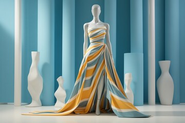 A mannequin dressed in a white and orange dress displayed in a store window. - obrazy, fototapety, plakaty