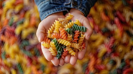 A handful of multicolored fusilli pasta against a blurred background. - obrazy, fototapety, plakaty