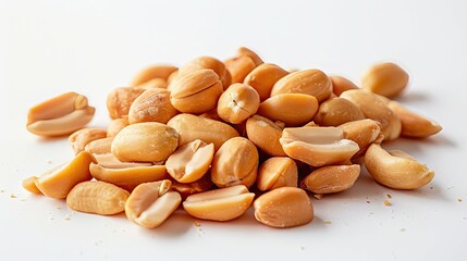 Pile of salted, roasted peanuts on a white surface. - obrazy, fototapety, plakaty