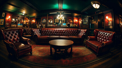 Fototapeta na wymiar Wide angle view of the interior of a gentlemen's club.