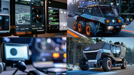 A collage showing various sensors and cameras installed on an autonomous vehicle, highlighting the advanced technology that enables it to navigate and operate without human intervention. Generative AI