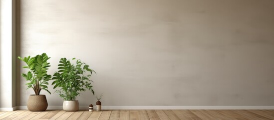 Three potted plants are placed in a corner of an empty room with a wooden floor and stucco walls. The plants add a touch of greenery to the space.