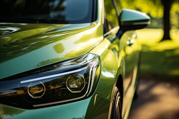 A detailed view of the front of a green car, showcasing the grille and headlights. - obrazy, fototapety, plakaty