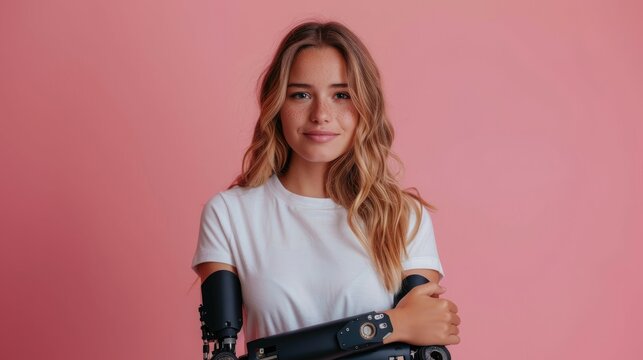 Young woman with bionic arms smiling on pink background.