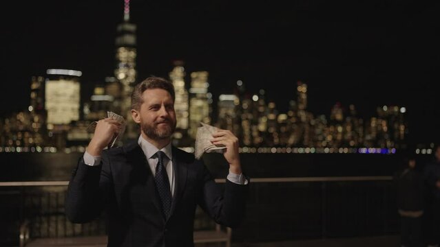 Financial investment. Successful business. Businessman with money outdoor. Businessman invest money in business. Successful business brings money. Successful business man investor. Profitability
