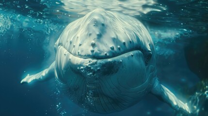 Fototapeta premium Humpback whale face close-up, underwater perspective.
