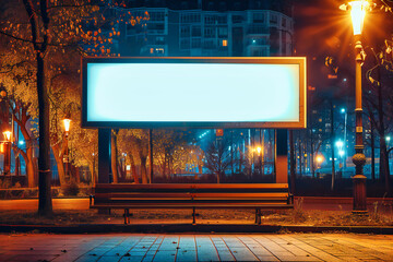 City Night Scene with Blank Billboard, Urban Advertising Space, Empty Poster for Display