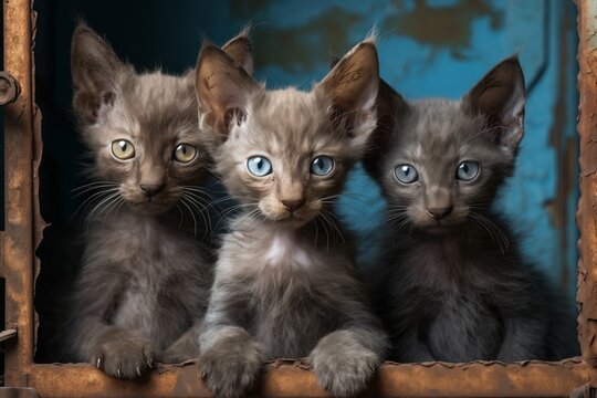Three adorable kittens sitting closely together in a row with curious expressions on their faces.