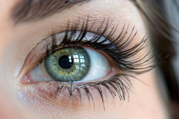 Realistic close up shot beautiful natural green attractive woman eye with long eyelashes. Eyes are the mirror of the soul
