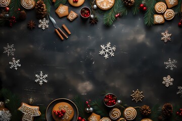 Overhead shot capturing the festive spirit with carefully arranged decorations, providing an attractive background with creative space for text.