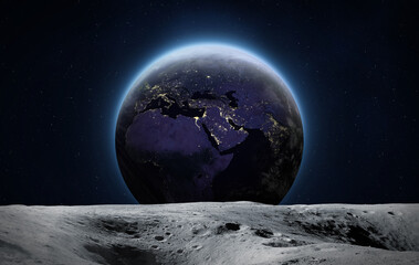 Moon and night Earth. Moon surface with craters. View of planet Earth from the surface of the moon. Elements of this image furnished by NASA