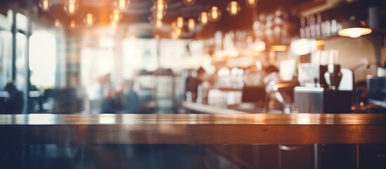 A bar counter is captured in a blurry state, giving a sense of movement and activity within a coffee shop or cafe interior. The background features a vintage filter, - obrazy, fototapety, plakaty