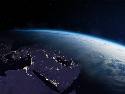 Planet Earth from the space at night. Near East and Africa at night viewed from space with city lights in Arabian Peninsula, Egypt, Iraq, Iran, Israel, Gaza. Elements of this image furnished by NASA.