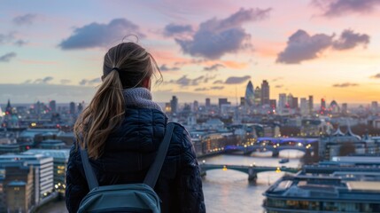 Fototapeta na wymiar Young woman admiring london's sunset skyline: future, freedom, and business success concept with beautiful city background in gentle ligh