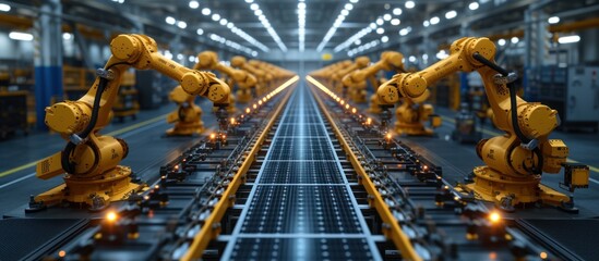 Large Production Line with Industrial Robot Arms - obrazy, fototapety, plakaty