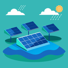 Solar panels floating on water, harnessing the sun's energy. vektor illustation