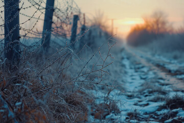 Fence with barbed wire on the border of the object at dawn.