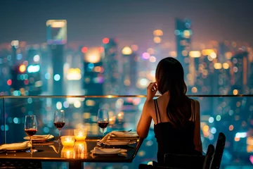  A woman sits in a bar on the roof of a skyscraper against the backdrop of the metropolis. © serperm73