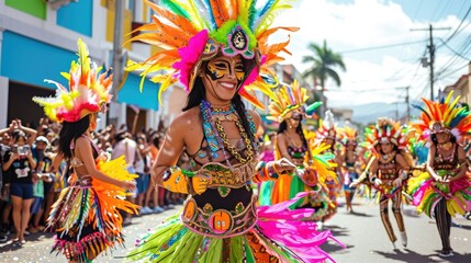 Colorful dancers in traditional costumes celebrate at a Latin American street parade, showcasing...
