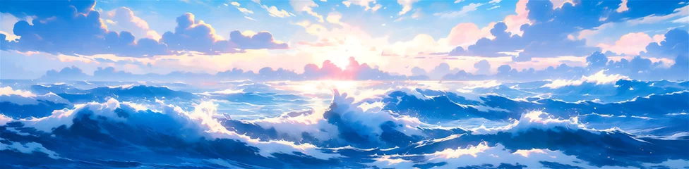 Gardinen Scene of the ocean with a sunset, anime style illustration © Agustin A