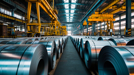 Loading galvanised steel rolls with gantry crane in huge warehouse. - obrazy, fototapety, plakaty