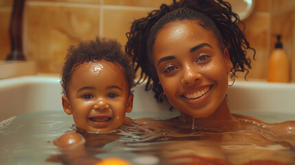 crazy young black woman and her toddler having fun in the bathroom. close up shot, enteratinment. free time, lifestyle.generative ai - Powered by Adobe