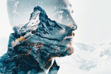 Man with a mountain range overlay, merging nature and portrait.
