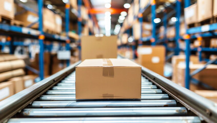 Obraz premium Industrial Packaging Line in Factory, Cardboard Box Production and Logistic Concept, Warehouse Scene