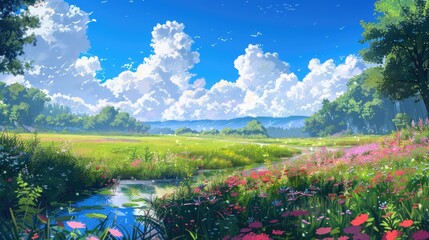 A vibrant digital artwork depicting a lush summer meadow under a clear blue sky with fluffy clouds.