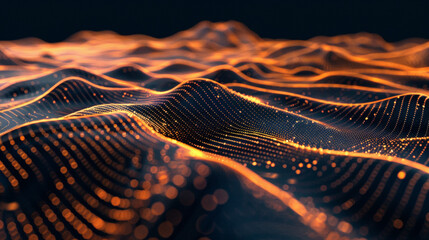 Lignes orange abstraites formant un paysage virtuel dans un concept de technologie Ai. Communication et flux de données dans un espace virtuel  - obrazy, fototapety, plakaty
