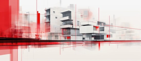 A modern building façade featuring abstract red and white lines, creating a unique architectural background. The bold colors contrast against each other.