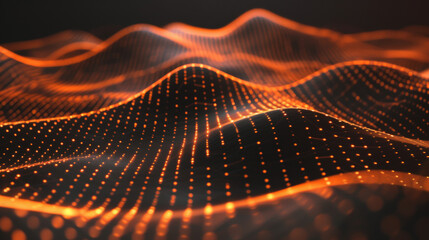 Lignes orange abstraites formant un paysage virtuel dans un concept de technologie Ai. Communication et flux de données dans un espace virtuel 