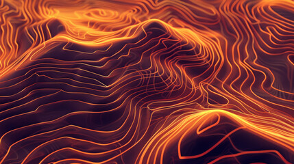 Lignes orange abstraites formant un paysage virtuel dans un concept de technologie Ai. Communication et flux de données dans un espace virtuel  - obrazy, fototapety, plakaty